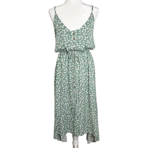 Brovave Women's Midi Sundress S Green Floral Print Blouson Button Front High Low - Picture 1 of 10